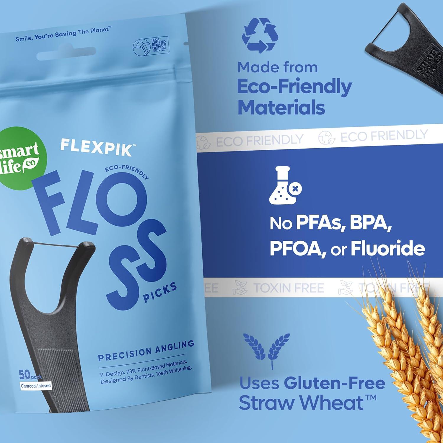 image:imageSmartLifeco EcoFriendly Angled Dental Floss Picks 200ct Flossers Made with Straw Wheat Blend AntiShred Thread for Molars amp Back Teeth Tooth Pick Stick for Adults Soft on Gums UnflavoredCharcoal