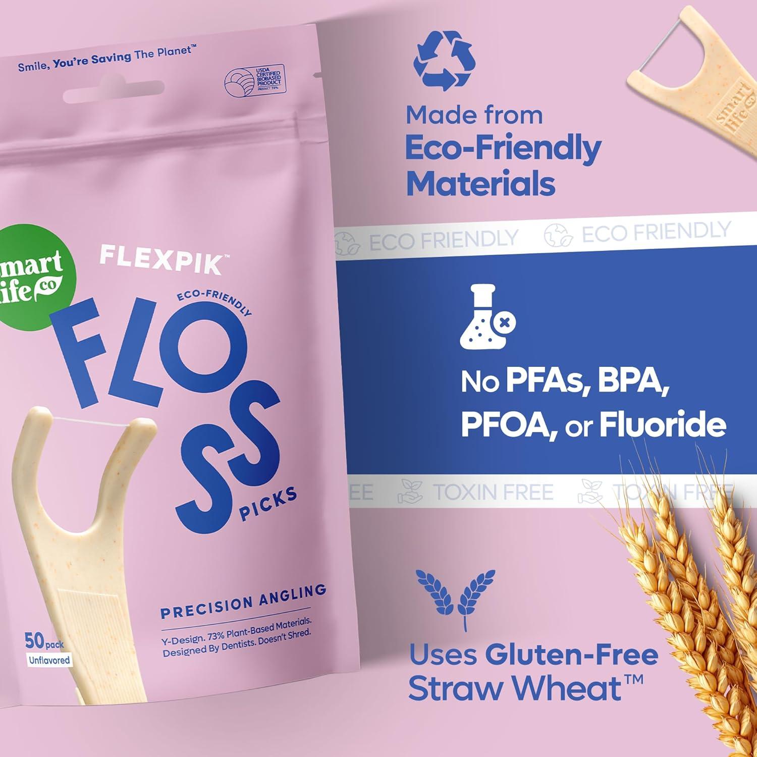 image:imageSmartLifeco EcoFriendly Angled Dental Floss Picks 200ct Flossers Made with Straw Wheat Blend AntiShred Thread for Molars amp Back Teeth Tooth Pick Stick for Adults Soft on Gums UnflavoredUnflavored