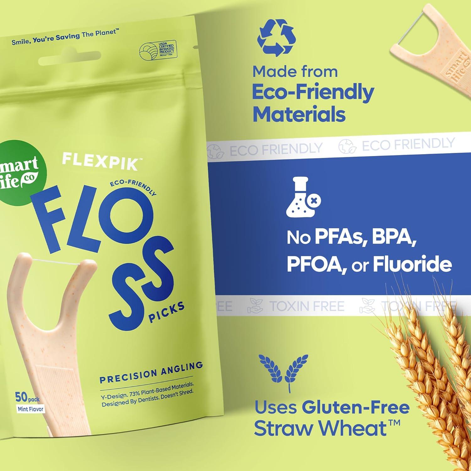image:imageSmartLifeco EcoFriendly Angled Dental Floss Picks 200ct Flossers Made with Straw Wheat Blend AntiShred Thread for Molars amp Back Teeth Tooth Pick Stick for Adults Soft on Gums UnflavoredMint
