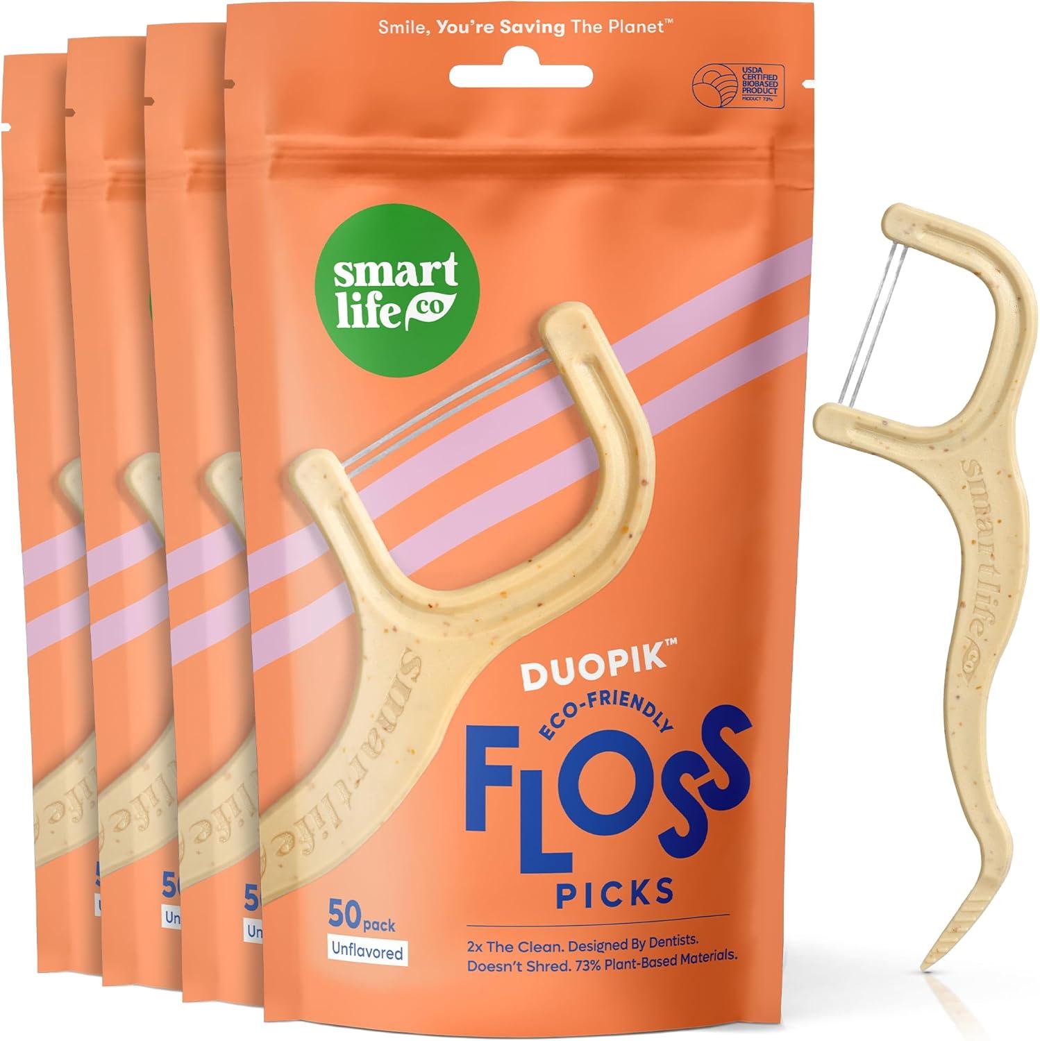 image:imageSmartLifeco EcoFriendly DualThread Dental Floss Picks 200ct Flossers Made with Straw Wheat Blend Superior AntiShred for Tight Gaps Tooth Pick Stick for Adults Soft on Gum amp Teeth MintUnflavored