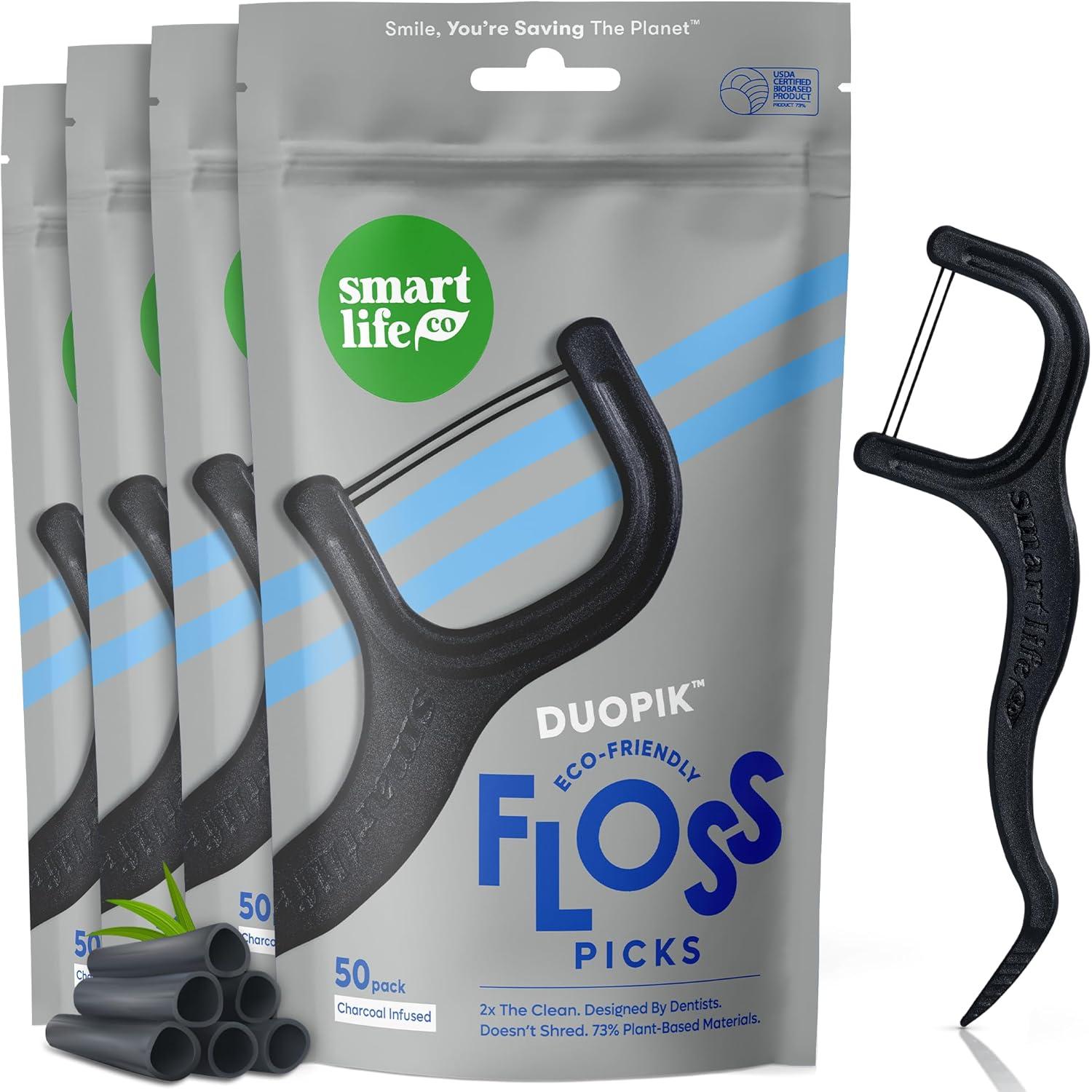 image:imageSmartLifeco EcoFriendly DualThread Dental Floss Picks 200ct Flossers Made with Straw Wheat Blend Superior AntiShred for Tight Gaps Tooth Pick Stick for Adults Soft on Gum amp Teeth MintCharcoal