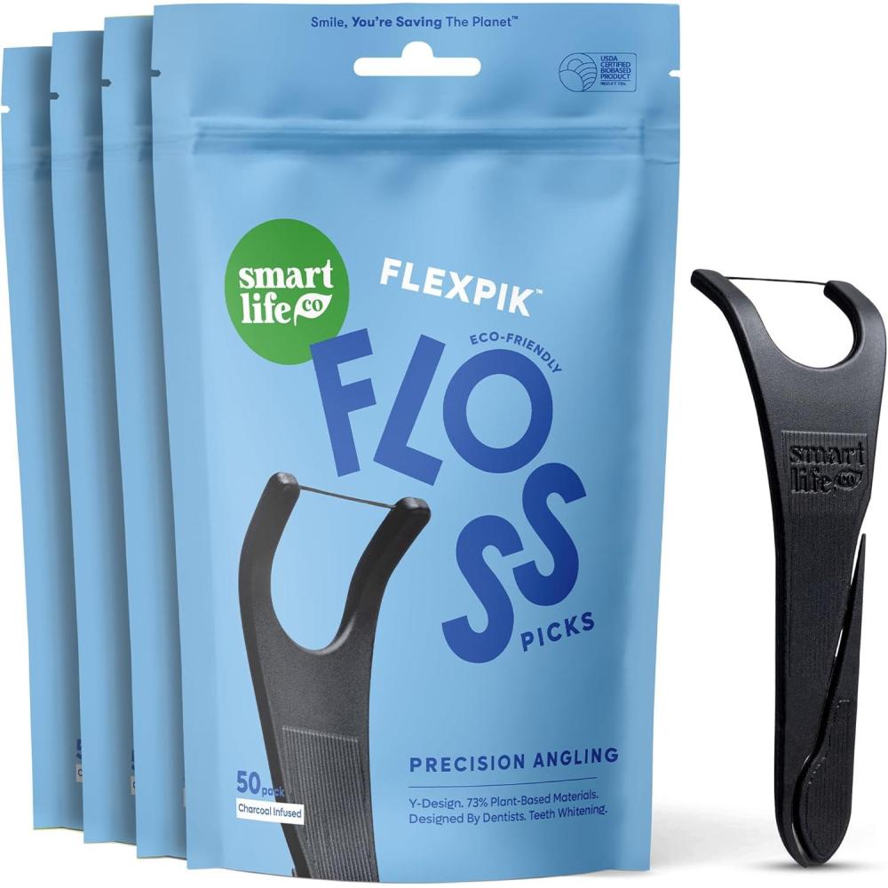 image:imageSmartLifeco EcoFriendly Angled Dental Floss Picks 200ct Flossers Made with Straw Wheat Blend AntiShred Thread for Molars amp Back Teeth Tooth Pick Stick for Adults Soft on Gums UnflavoredCharcoal