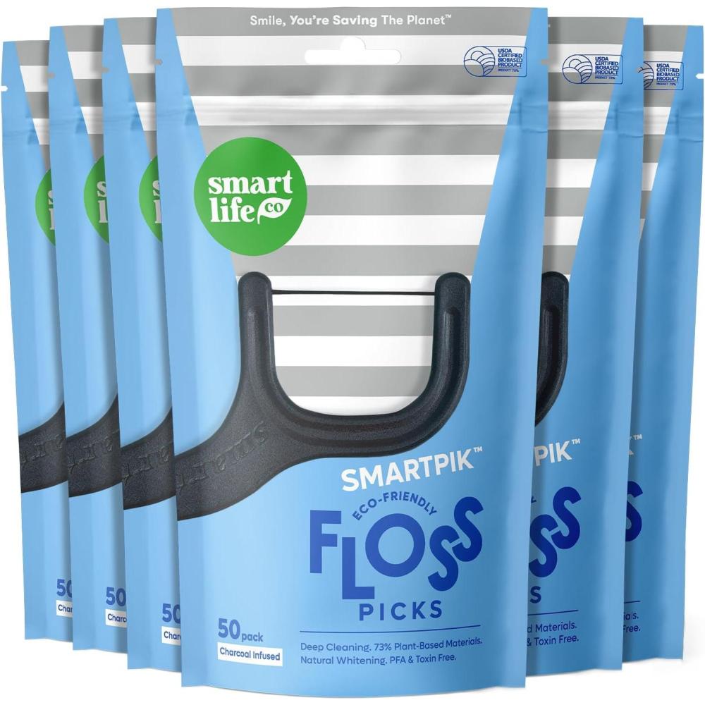 image:imageSmartLifeco EcoFriendly Dental Floss Picks 200ct Flossers Made with Straw Wheat Blend Natural Teeth Whitening Tooth Pick Stick for Adults Soft on Gums Activated Bamboo Charcoal Floss Thread1 Count Pack of 300