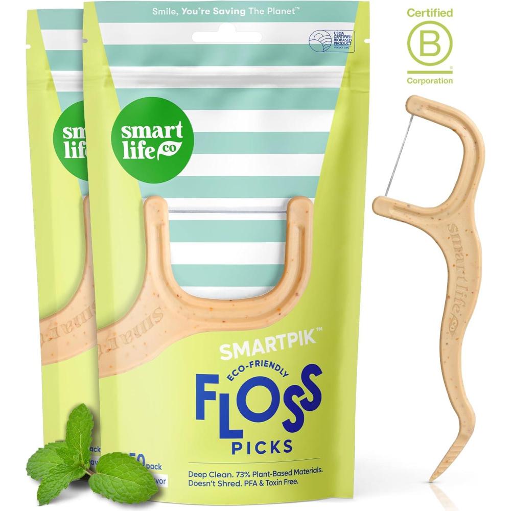 image:imageSmartLifeco EcoFriendly Dental Floss Picks 200ct  Flossers Made with Straw Wheat Blend Superior AntiShred Thread for Tight Gaps Tooth Pick Stick for Adults Soft on Gum amp Teeth Vegan Mint1 Count Pack of 100