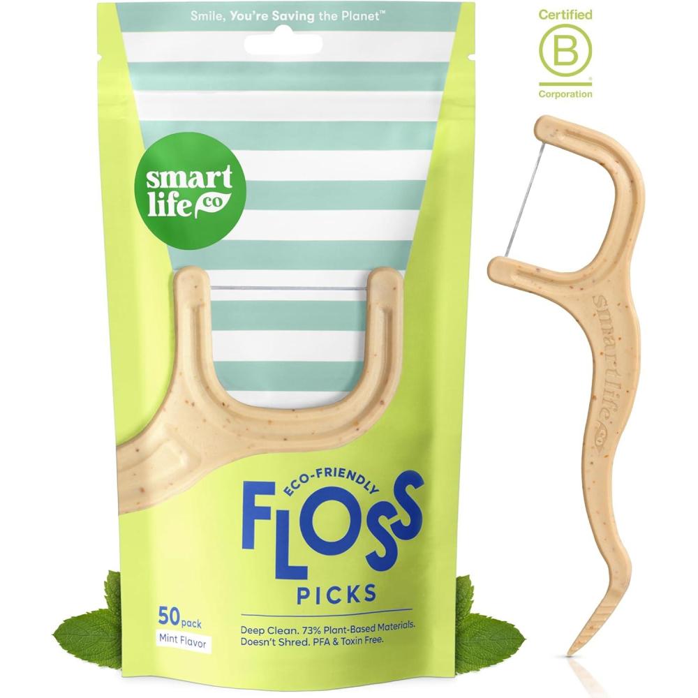 image:imageSmartLifeco EcoFriendly Dental Floss Picks 50ct Flossers Made with Straw Wheat Superior AntiShred Thread for Tight Gaps Tooth Pick Stick for Adults Soft on Gum amp Teeth Vegan Mint
