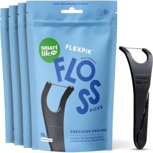 SmartLifeco Eco-Friendly Angled Dental Floss Picks (200ct) – Flossers Made with Straw Wheat Blend, Anti-Shred Thread for Molars & Back Teeth, Tooth Pick Stick for Adults, Soft on Gums, Unflavored(Charcoal)