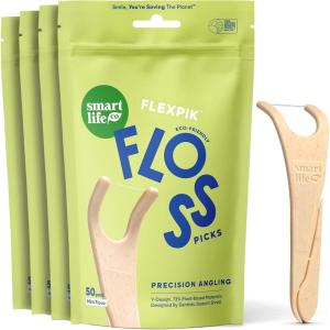 SmartLifeco Eco-Friendly Angled Dental Floss Picks (200ct) – Flossers Made with Straw Wheat Blend, Anti-Shred Thread for Molars & Back Teeth, Tooth Pick Stick for Adults, Soft on Gums, Unflavored(Mint)
