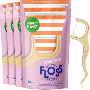 SmartLifeco Eco-Friendly Dental Floss Picks (200ct) – Flossers Made With Straw Wheat Blend, Strong Anti-Shred Thread For Tight Gaps, Tooth Pick Stick For Adults, Soft on Gum & Teeth, Vegan, Unflavored(1 Count (Pack of 200))