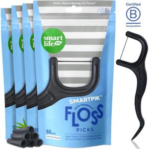 SmartLifeco Eco-Friendly Dental Floss Picks (200ct) – Flossers Made with Straw Wheat Blend, Natural Teeth Whitening, Tooth Pick Stick for Adults, Soft on Gums, Activated Bamboo Charcoal Floss Thread(1 Count (Pack of 200))