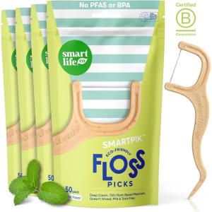 SmartLifeco Eco-Friendly Dental Floss Picks (200ct) – Flossers Made with Straw Wheat Blend, Superior Anti-Shred Thread for Tight Gaps, Tooth Pick Stick for Adults, Soft on Gum & Teeth, Vegan, Mint(1 Count (Pack of 200))