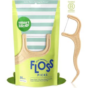 SmartLifeco Eco-Friendly Dental Floss Picks (50ct) – Flossers Made with Straw Wheat, Superior Anti-Shred Thread for Tight Gaps, Tooth Pick Stick for Adults, Soft on Gum & Teeth, Vegan, Mint
