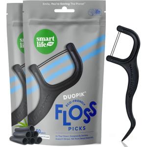 SmartLifeco Eco-Friendly Dual-Thread Dental Floss Picks (200ct) – Flossers Made with Straw Wheat Blend, Superior Anti-Shred for Tight Gaps, Tooth Pick Stick for Adults, Soft on Gum & Teeth, Mint(Charcoal)