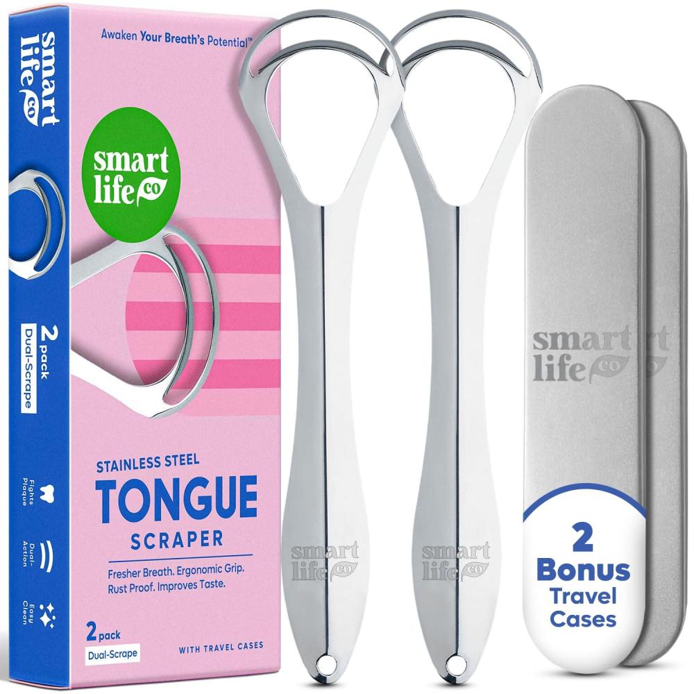 image:imageTongue Scraper For Adults  Dual Head Stainless Steel Tongue Cleaner Travel Metal Case  Bad Breath Mouth Treatment  Best Disposable Metal PlasticFree Scrubber  Oral Care Hygiene Essential Kit 2pkDual Scrape