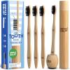 Bamboo Charcoal Toothbrushes (4 Pack) with Travel Case & Stand – Extra Soft Bristles for Adults & Kids Teeth | Zero Waste Travel Toothbrush Kit | Natural Eco-Friendly Wooden Brush Holder Cover(1 Count (Pack of 6))