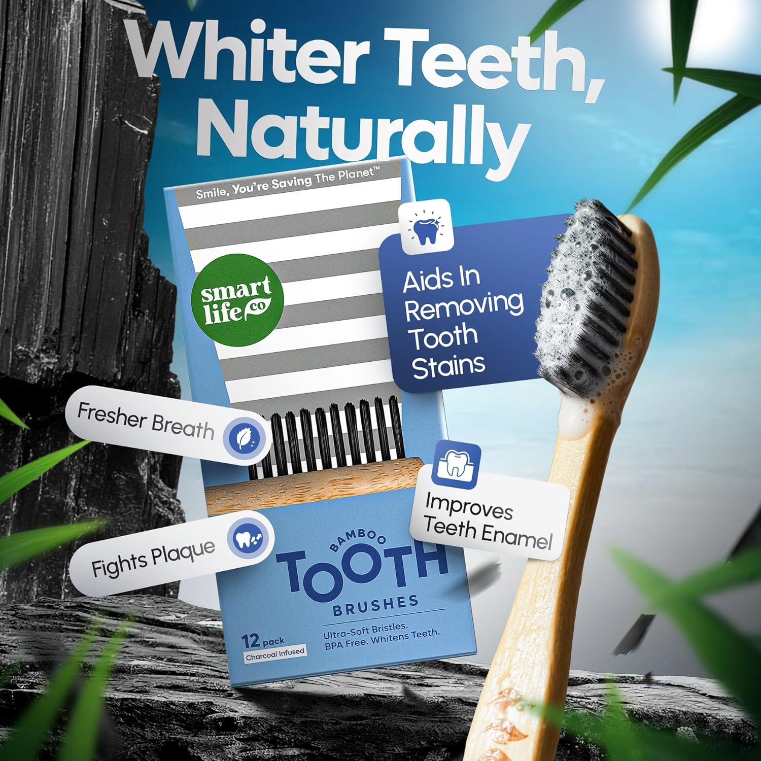 image:imageSmartLifeco Charcoal Bamboo Toothbrushes PRO Extra Soft Natural Bristles for Adults amp Kids Teeth Zero Waste Bulk Wooden Tooth Brush BPA Free EcoFriendly Vegan 6 PackRegular