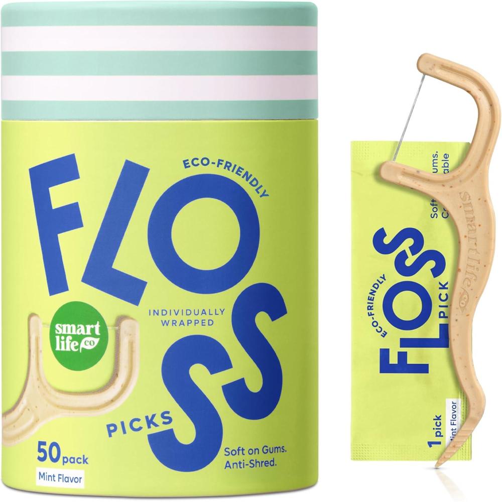 image:imageIndividually Wrapped Dental Floss Picks 50ct  EcoFriendly Flosser Handle Made with Straw Wheat Blend  Great for Travel  PFA Free  Toothpick Stick Soft On Gums amp Teeth  Vegan  MintCool Mint