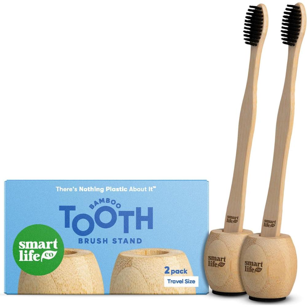 image:imageSmartLifeco Bamboo Toothbrush Holder Single Wood Tooth Brush Stand for Bathroom Countertop Shower Small Wooden Rustic Travel Sink Organizer amp Cover Fits Razor Makeup Brushes Eco Friendly Cup2 Pack