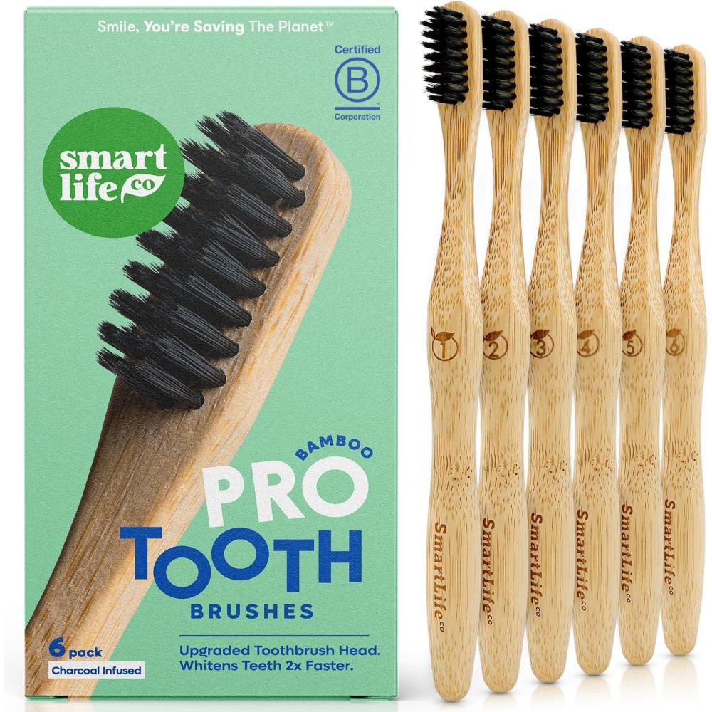 image:imageSmartLifeco Charcoal Bamboo Toothbrushes PRO Extra Soft Natural Bristles for Adults amp Kids Teeth Zero Waste Bulk Wooden Tooth Brush BPA Free EcoFriendly Vegan 6 PackPro