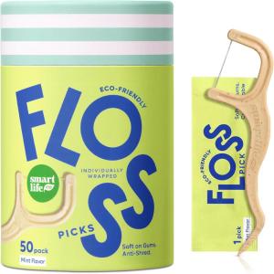 Individually Wrapped Dental Floss Picks (50ct) – Eco-Friendly Flosser Handle Made with Straw Wheat Blend | Great for Travel | PFA Free | Toothpick Stick Soft On Gums & Teeth | Vegan | Mint(Cool Mint)