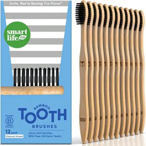 SmartLifeco Charcoal Bamboo Toothbrushes PRO – Extra Soft Natural Bristles for Adults & Kids Teeth | Zero Waste Bulk Wooden Tooth Brush | BPA Free, Eco-Friendly, Vegan – 6 Pack(Regular)