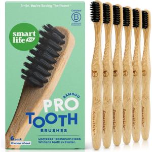 SmartLifeco Charcoal Bamboo Toothbrushes PRO – Extra Soft Natural Bristles for Adults & Kids Teeth | Zero Waste Bulk Wooden Tooth Brush | BPA Free, Eco-Friendly, Vegan – 6 Pack(Pro)