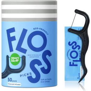 Individually Wrapped Dental Floss Picks (50ct) – Eco-Friendly Flosser Handle Made with Straw Wheat Blend | Great for Travel | PFA Free | Toothpick Stick End | Bamboo Charcoal Thread Whitens Teeth(Charcoal)